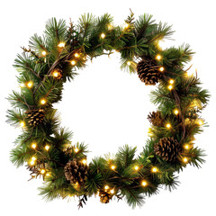 Christmas Wreath, Pine wreath with lights and pinecones, Festive Decoration on a transparent background.