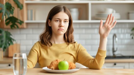 A young girl raises her hand in refusal while sitting at the kitchen table with a plate of food and a green apple