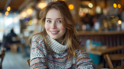 A beautiful young smiling woman sitting at a table at a coffee shop or a restaurant or a bar at winter or autumn with space for text