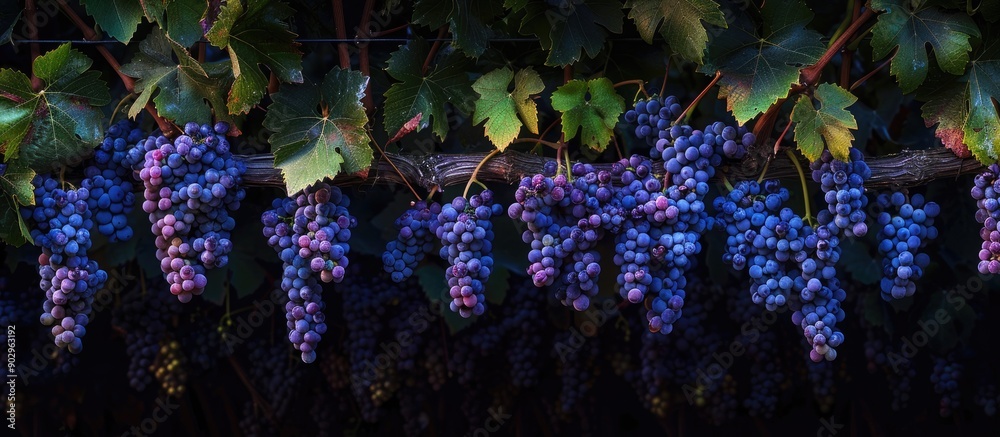 Poster Vibrant grape clusters hanging elegantly on a vineyard s trellis create a stunning composition for a stunning copy space image