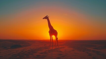 Giraffe standing in the desert during a beautiful sunset