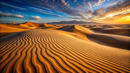 Show the vastness and beauty of a desert, focusing on the patterns and shapes of the sand dunes