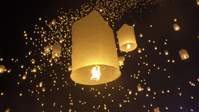 Thai people release sky floating lanterns or lamp to worship Buddha's relics at night. Traditional festival in Chiang mai, Thailand. Loy krathong