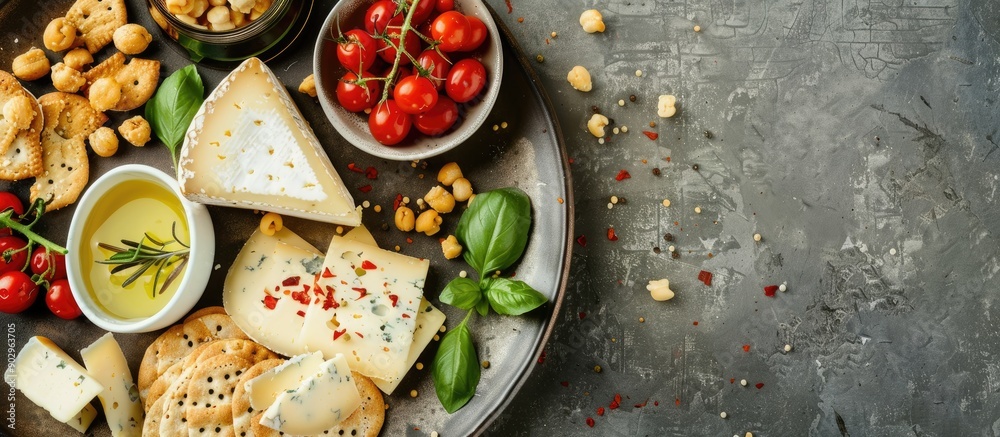 Poster Rustic style aged cheese with snacks on a plate Includes a free copy space image