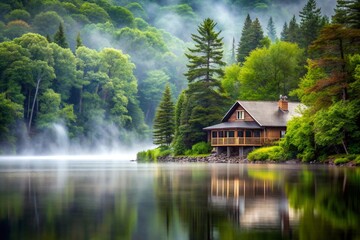 Fototapeta premium House on the lake in rainy day