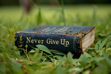 A book title "Never Give Up" lays on grass