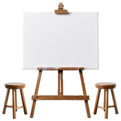 Blank Canvas with Stools, Canvas on easel and two stools, Art Studio Setu on a transparent background.
