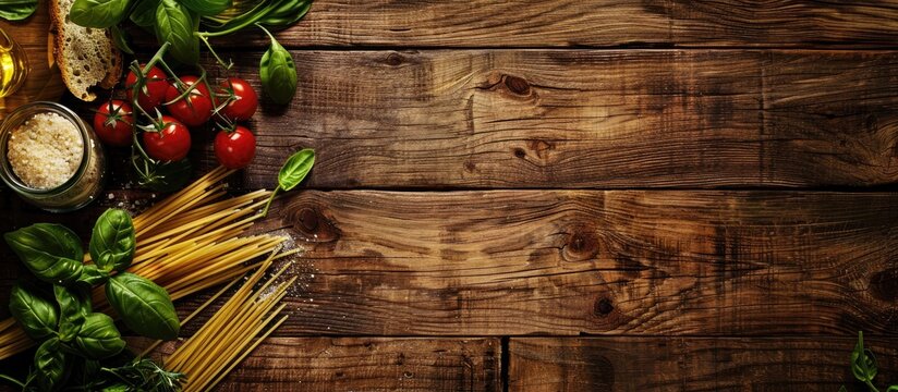 Wooden textured backdrop with Italian food ingredients displayed ideal for relaxing copy space image