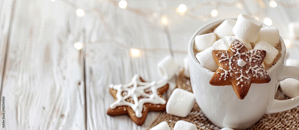 Aufkleber festive holiday theme featuring a white cup of hot winter beverage adorned with marshmallows and a g