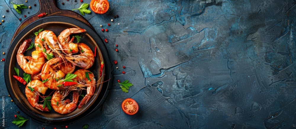 Poster a rustic top view background with copy space featuring a delicious meal of spicy fried shrimp prawns