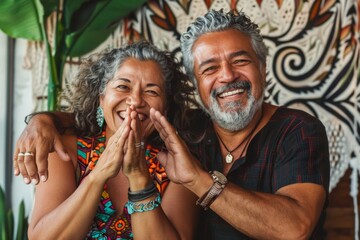 Portrait of a grinning latino couple in their 50s joining palms in a gesture of gratitude