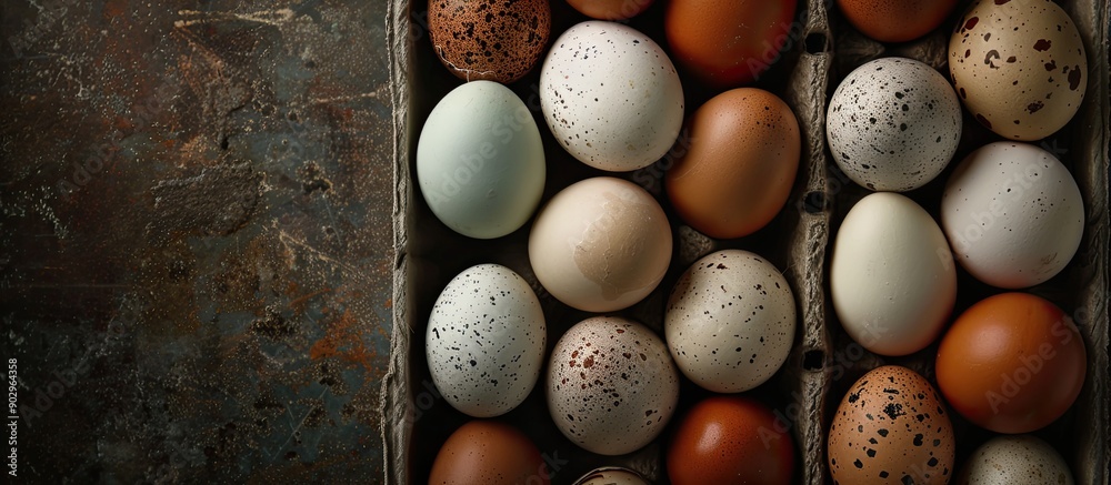 Poster Eggs from chickens and quails are arranged in a box against a dark backdrop providing a clear copy space image