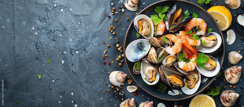 Poster Image of raw mussels and clams on a plate captured from a top view with a flat lay perspective showing copy space and a horizontal orientation with no people in the shot