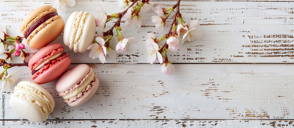 Aufkleber Various macaroons set against a light wooden backdrop with cherry branches providing a charming and colorful copy space image