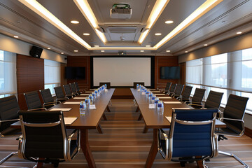A large conference room with a projector screen and a long table