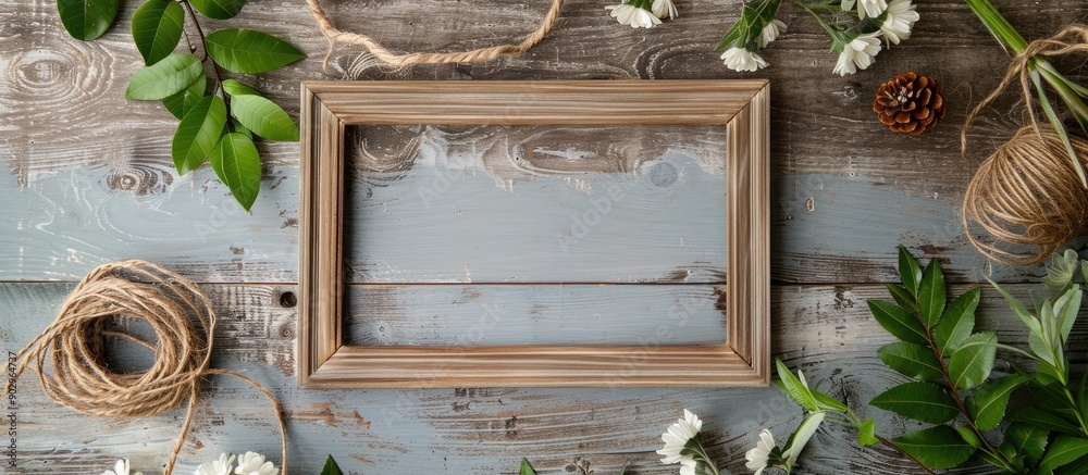 Leinwandbilder wooden frame viewed from above as a flatlay for a mockup template with copy space image