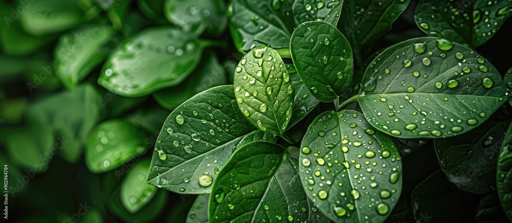 Leinwandbilder Lush green leaf with rain droplets creating a natural backdrop with copy space image Suitable for banners showcasing beautiful foliage