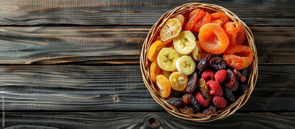 Poster Top down view of a wicker basket filled with assorted dried fruits on a wooden surface allowing for copy space image insertion