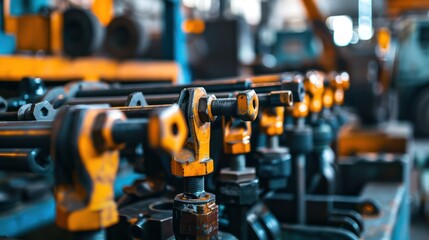 A set of hydraulic attachments for construction machinery displayed in a workshop