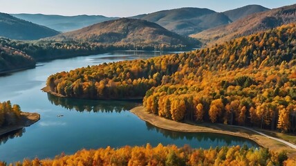 clear blue river flows through a lush green meadow with tall