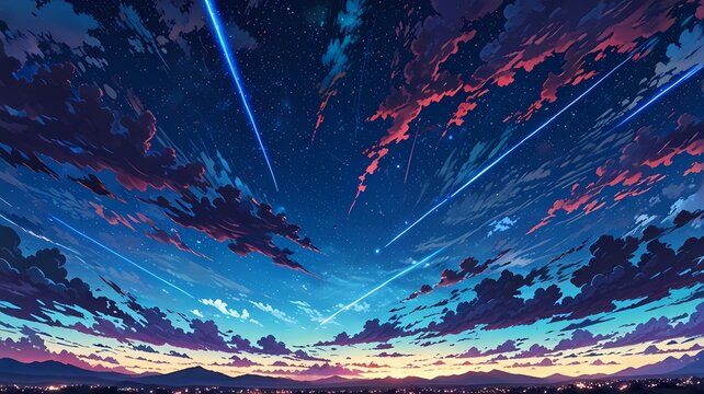 A breathtaking anime cityscape at sunset with vibrant colors and shooting stars across a dynamic sky.