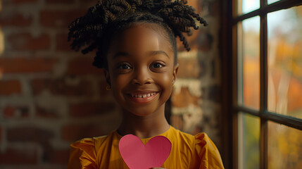 A happy smiling black African American girl or toddler holding a heart shaped pink paper next to a bright window with plants, donation or volunteering or giving concept with space for text