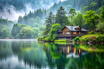 Fototapeta premium House on the lake in rainy day