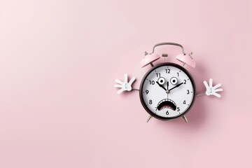 Charming animated alarm clock with a sad expression on a pastel pink background, capturing a mood of cuteness and whimsy for fun design.