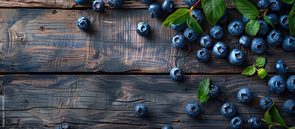 Poster ripe blueberries placed on weathered wooden backdrop in a flat lay style with copy space image