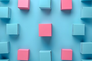 Colorful Arrangement of Pink and Blue Boxes on a Bright Blue Background