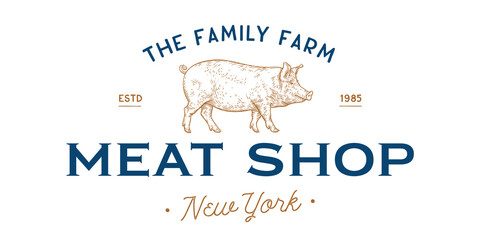 Pork, pig, hog, meat tag label. Template Meat Tag Label. Vintage print, tag, label farm pig sketch ink pencil style drawing. Butchery, pork pig farm, meat shop, text, typography. Vector Illustration © foxysgraphic