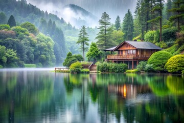 Fototapeta premium House on the lake in rainy day