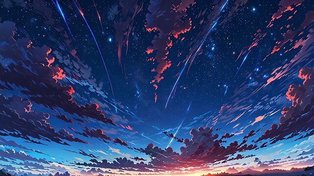 A anime skyscape at sunset with vibrant colors and shooting stars across a dynamic sky.