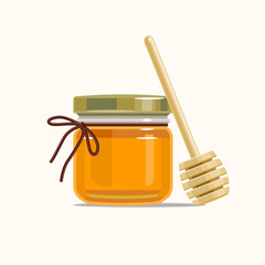 Glass jar of honey with wooden honey dipper. Vector illustration for the Jewish holiday Rosh Hashanah.