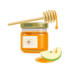 Glass honey jar with wooden honey dipper and apple slice. The concept of the Jewish New Year Rosh Hashanah. Vector illustration