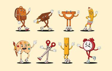 Back to School Collection. Set of characters or mascots of stationery school items. Backpack, graduation cap, protractor, ruler, pencil, scissors, alarm clock, paints in trendy retro vintage style.
