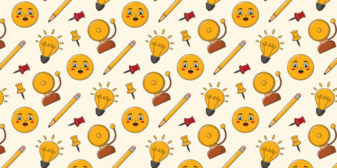 Back to school seamless pattern with stationery. Background or pattern with vector educational elements. School bell, pushpin, light bulb, pencil, smiley face, yellow color palette.