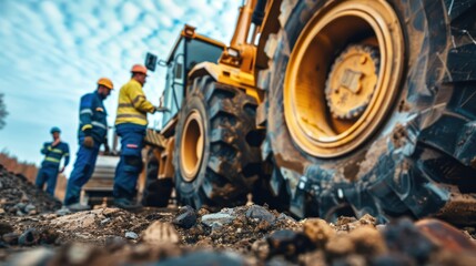 A team of technicians collaborating to fix a large piece of construction equipment