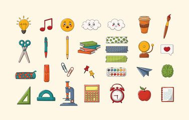 Collection of school elements in a cute vector style. Back to school educational learning set with stationery, supplies for children. Illustrations for posters, stationery, scrapbooking.