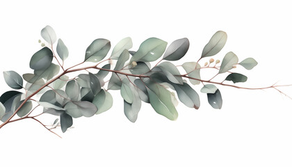 Watercolor branch with eucalyptus leaves on white background