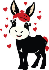 Cute donkey vector icon isolated on white background. Farm animal happy donkey in black and red  scarf cartoon character.