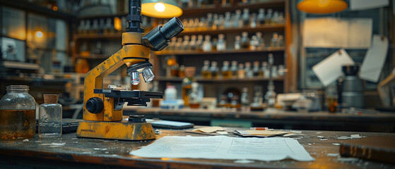 Fototapeta premium Vintage Microscope On Wooden Table In A Laboratory Setting