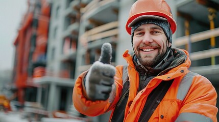 Fototapeta premium Construction Worker Thumbs Up: A determined construction worker, clad in warm gear, confidently gives a thumbs up