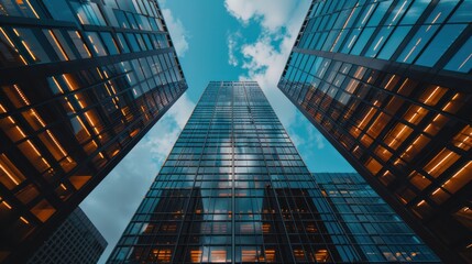 A Dramatic View of Towers Reflecting Blue Sky and Clouds at Dusk