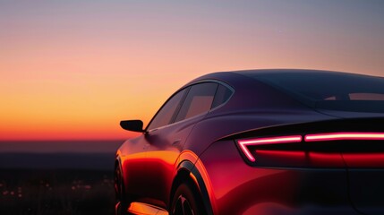 A sleek car is showcased against a vibrant sunset