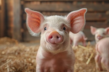 Close-Up Portrait of a Cute Pig with Big Pink Ears and Black Eyes in Farm Stable - Realistic Photo with Baby Pigs and Pen in Farmland Background

