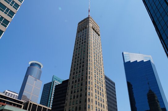 Minneapolis, Minnesota, U.S.A - July 12, 2024 - The view of the Capella Tower, Foshay Tower and Campbell Mithun Tower