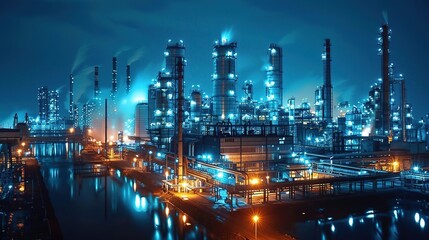 Fototapeta premium Nighttime Industrial Complex - Illuminated Refinery with Glowing Towers and Steam