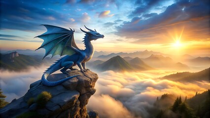 Serene Azure Dragon Amidst a Misty Mountaintop  generative AI