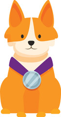 Happy corgi dog is sitting proudly wearing a medal on a purple ribbon after winning a competition